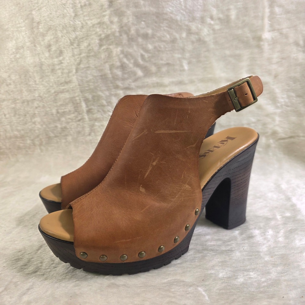 Korks Platform Peep Toe Mule Sandals Brown Leather Studded Lug Sole Women 9